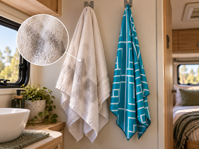 A damp cotton towel and a dry Newlyfe bath towel hanging side by side inside a caravan in the morning.